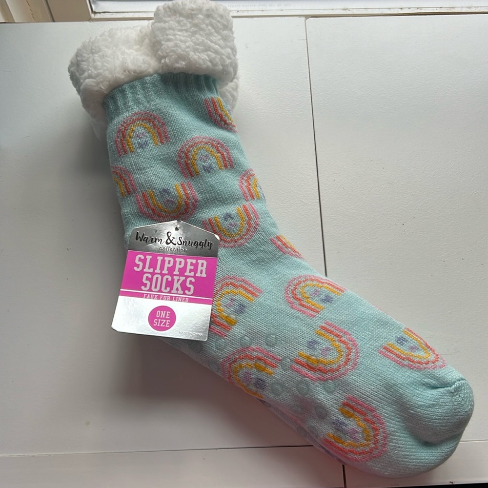 Warm & Snuggly Collection, Slipper Socks, Faux Fur Lined, One Size, Rainbows